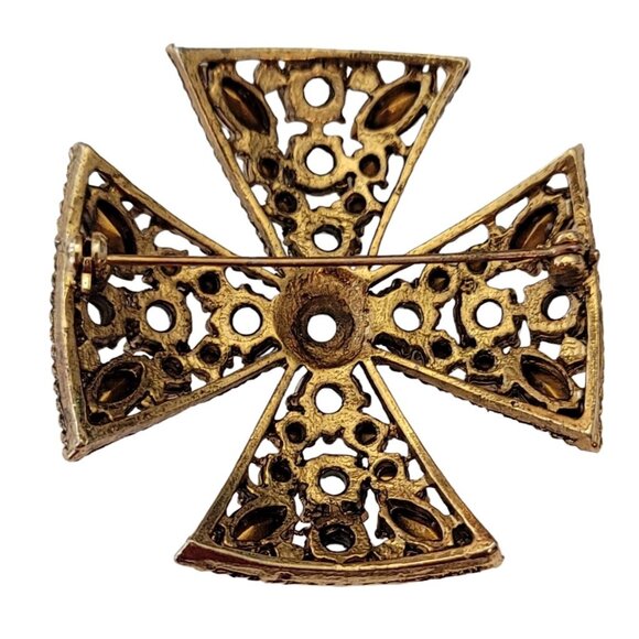 Gold Tone Jonquil Rhinestone Vintage Maltese Cross Brooch Pin E734 - Picture 7 of 10